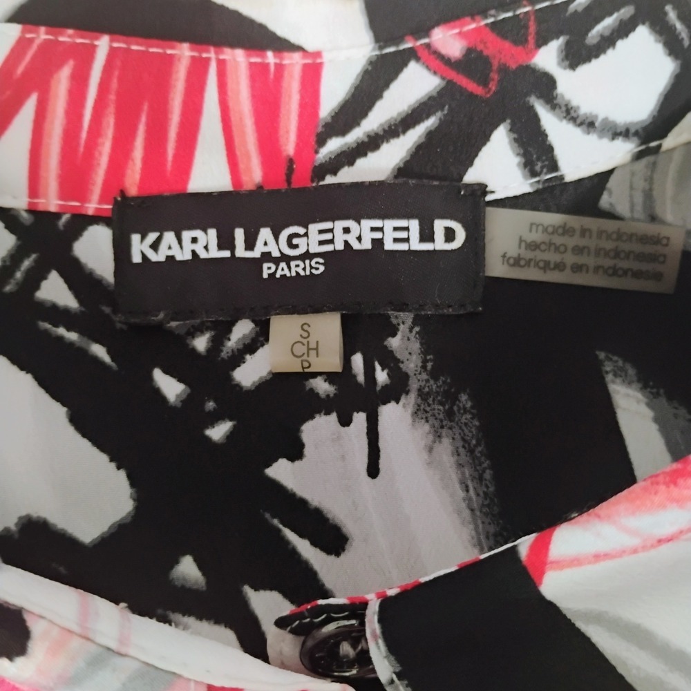 Karl Lagerfeld Paris Small Graffiti Print Roll Tab Sleeve Blouse Pink Black W - Picture 6 of 7